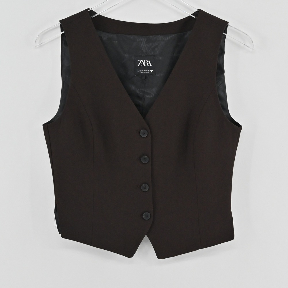 Zara Tailored Button Front Vest Womens Size S Brown Dark Academia Waistcoat